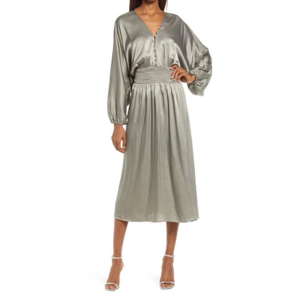 ELLIATT Sporades Satin V Neck Dolman Sleeve Midi Dress